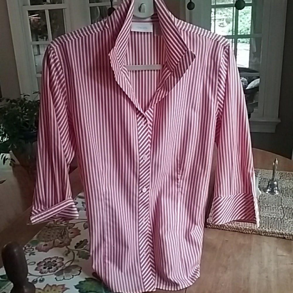 CHICO'S  size 2 CORAL STRIPED no-Iron BLOUSE